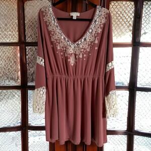 Forever 21 Womens Dress Sz 1X Mini Embroidered Dusty Rose Tunic Cottagecore